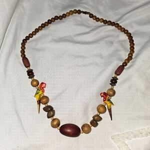1980's Hand Painted Wooden Bead & Parrot / Bird Necklace